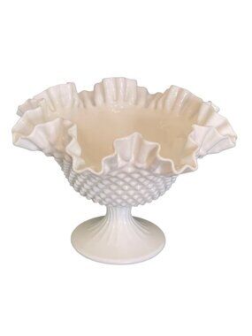 Fenton Pedestal Compote Ruffled Hobnail White Milk Glass 9.5" x 6.5" Vintage